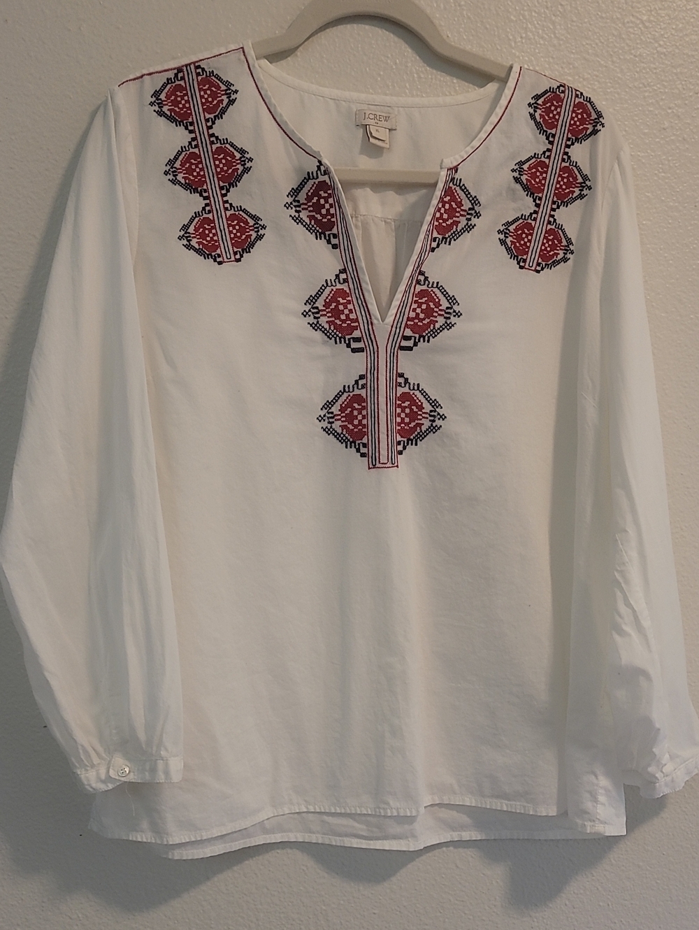 J. Crew White Embroidered Split-Neck Peasant Top